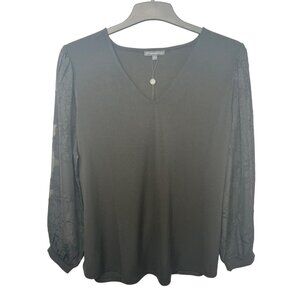 Adrianna Papell Black V-Neck Knit Top 3/4 Floral Sleeves Size 1X
